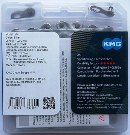 Łańcuch 9rz. KMC eBike E9 Silver 122og. Box