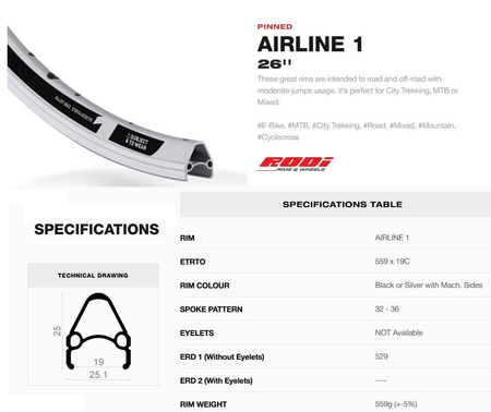 Obręcz 26" x 32H H-25 mm Airline 1 559x19C Black