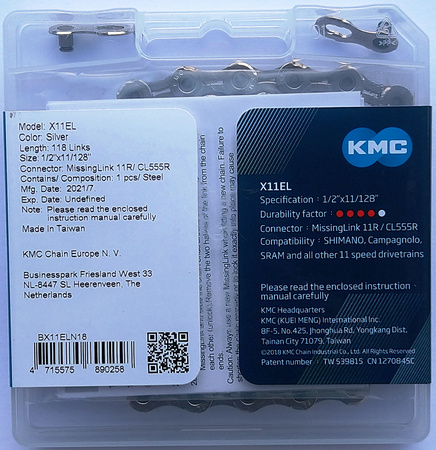 Łańcuch 11rz. KMC X11EL Silver 118og. Box